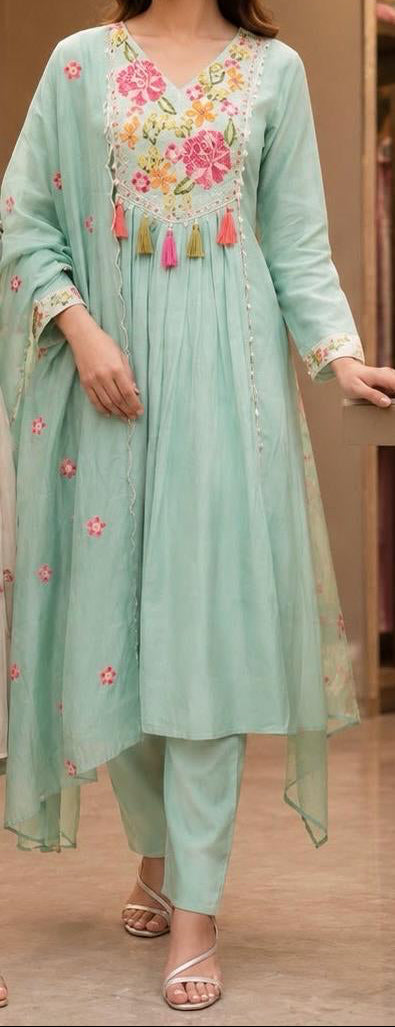Mint Blossom Mal Chanderi Suit Set