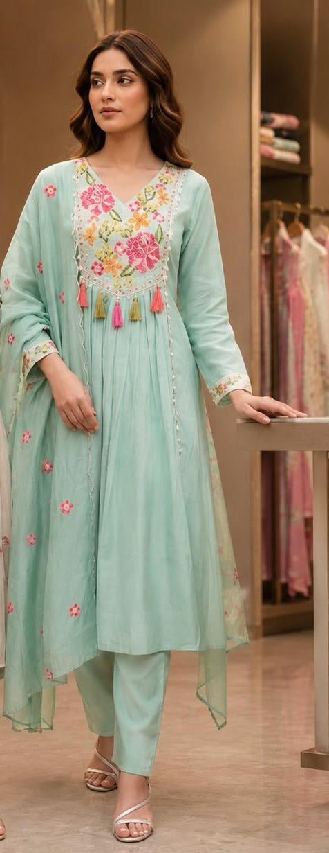 Mint Blossom Mal Chanderi Suit Set